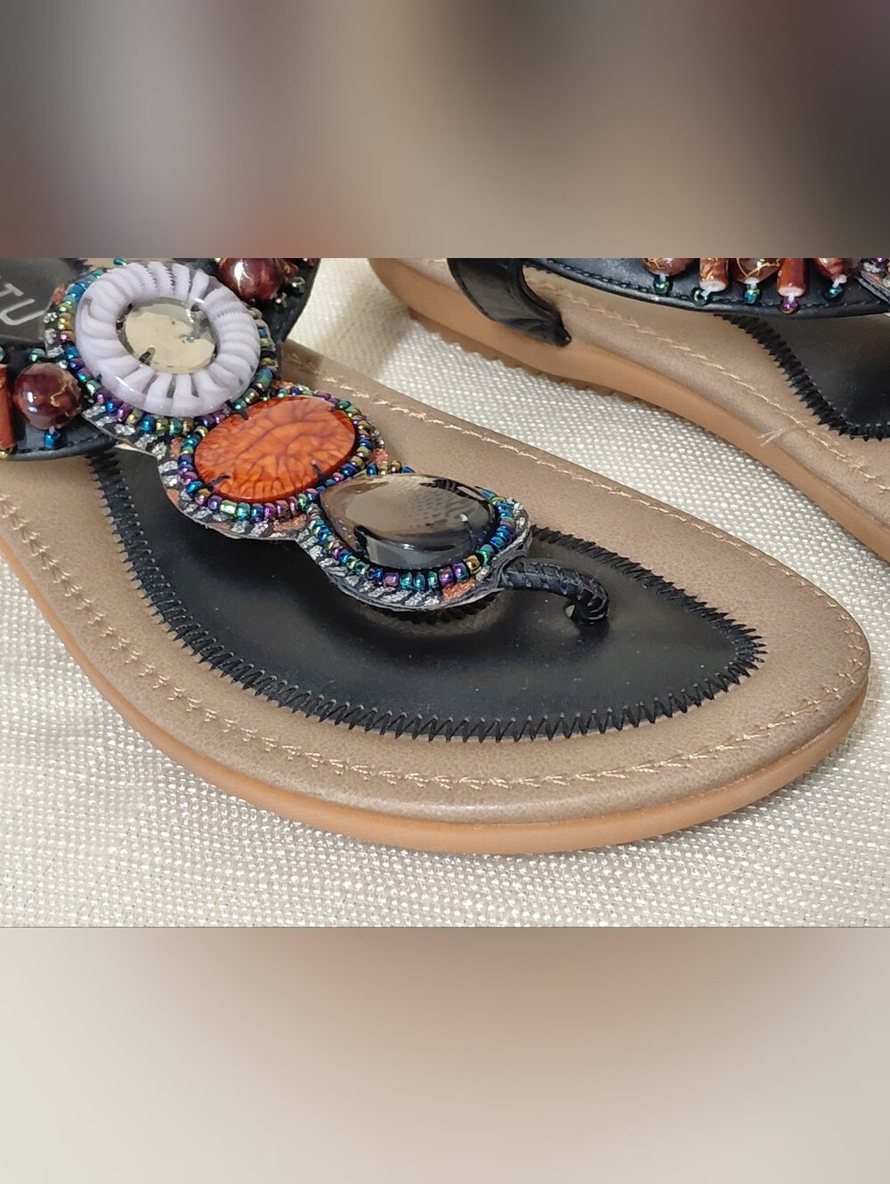 SIKETU Women’s Jeweled Black & Tan Embellished Bohemian Style Sandal Size 7.5